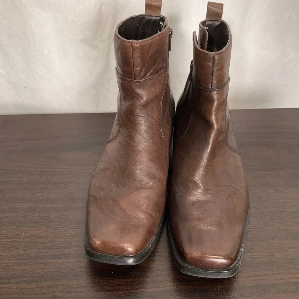 Rockport Boots Men 9.5 Brown Leather Square‎ Toe Side Zip APM2691D Dress Modern